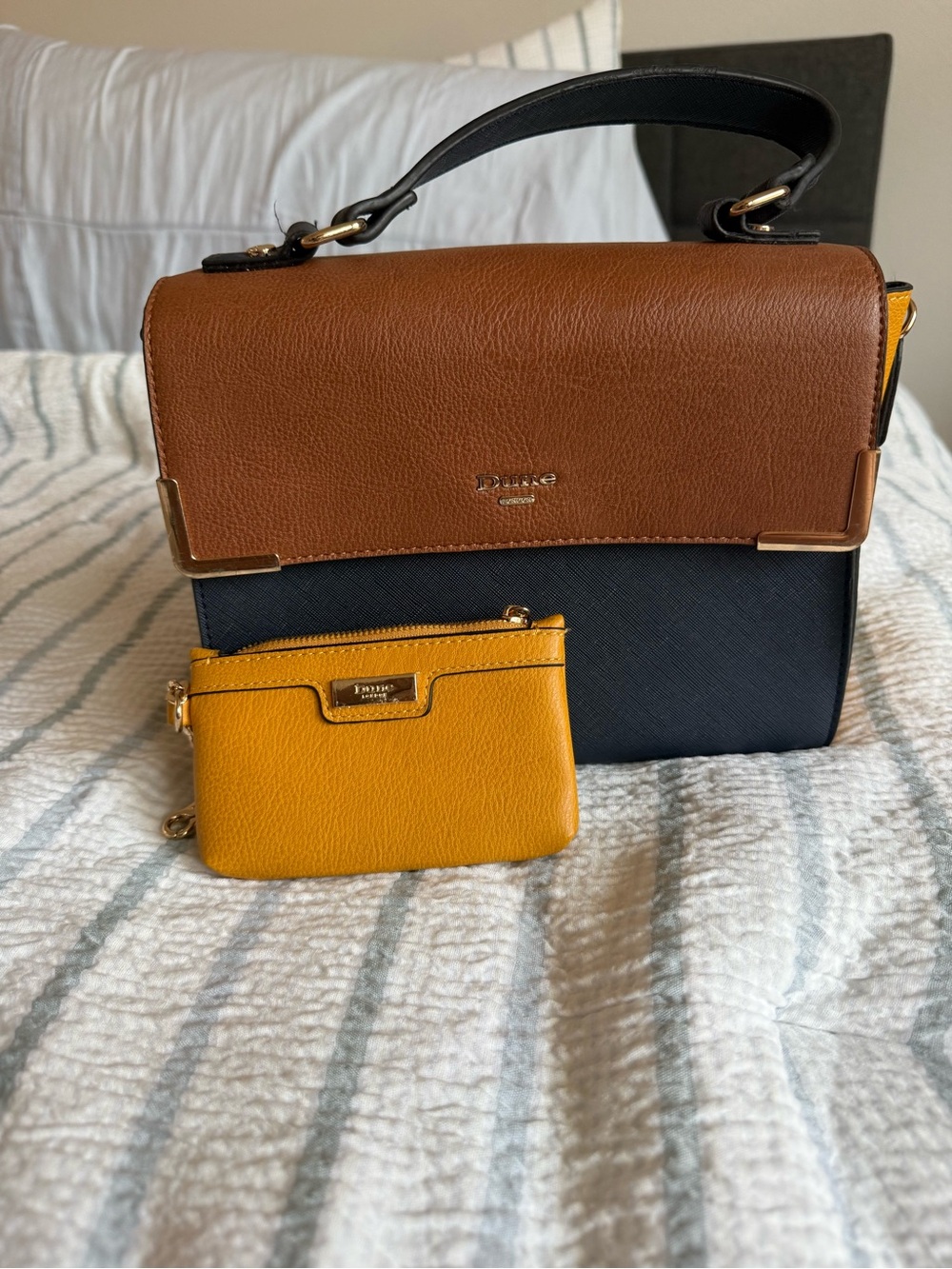 Dune London Brown, Black and Mustard Structured Top-Handle Satchel